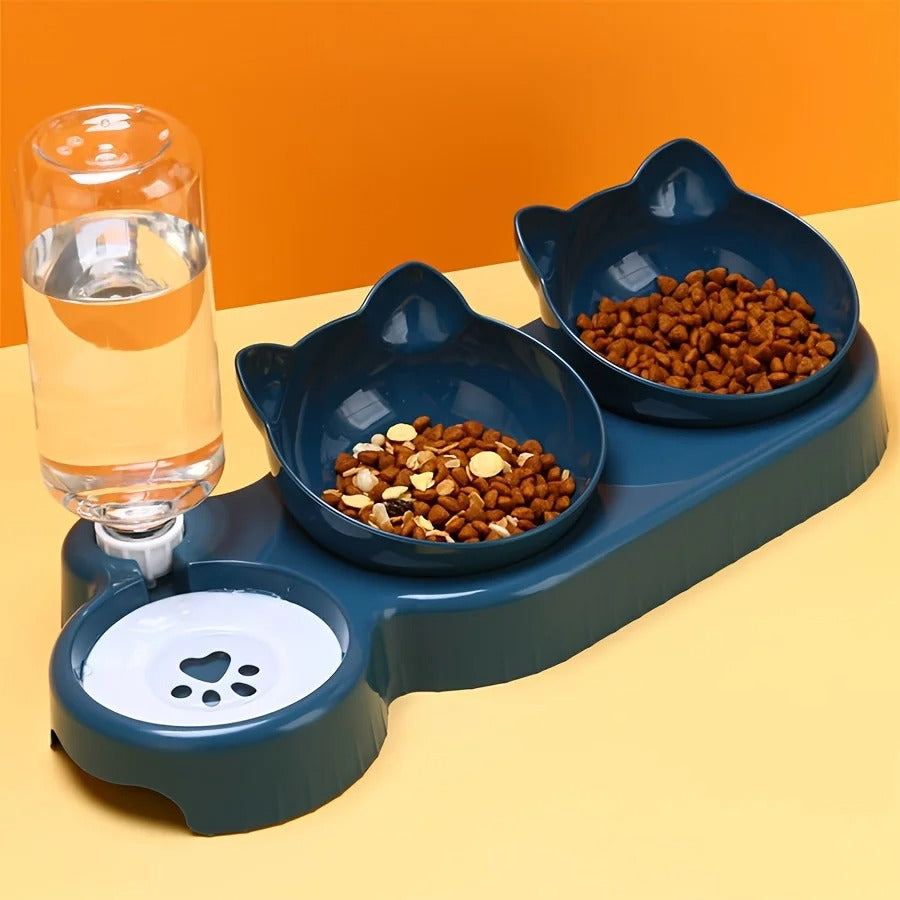 3 In 1 Ear Design Tilted Cat Water And Food Bowl Set With Gravity