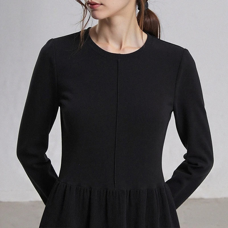 2025 Winter New Little Black Dress Spliced Crew-neck