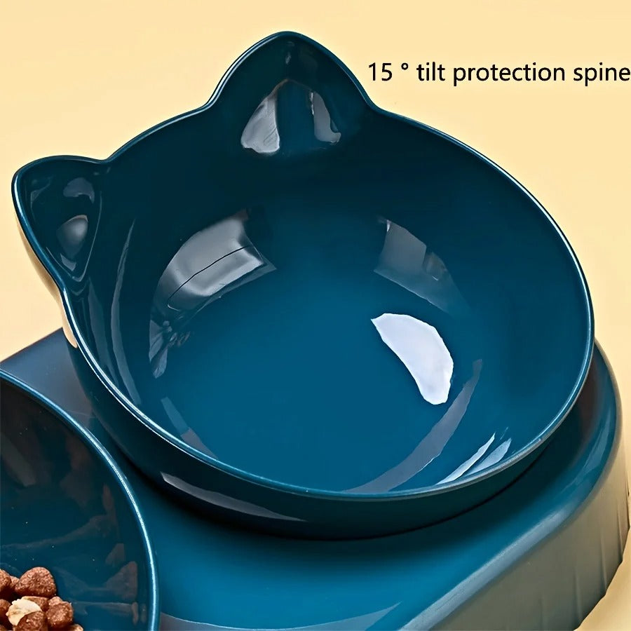 3 In 1 Ear Design Tilted Cat Water And Food Bowl Set With Gravity