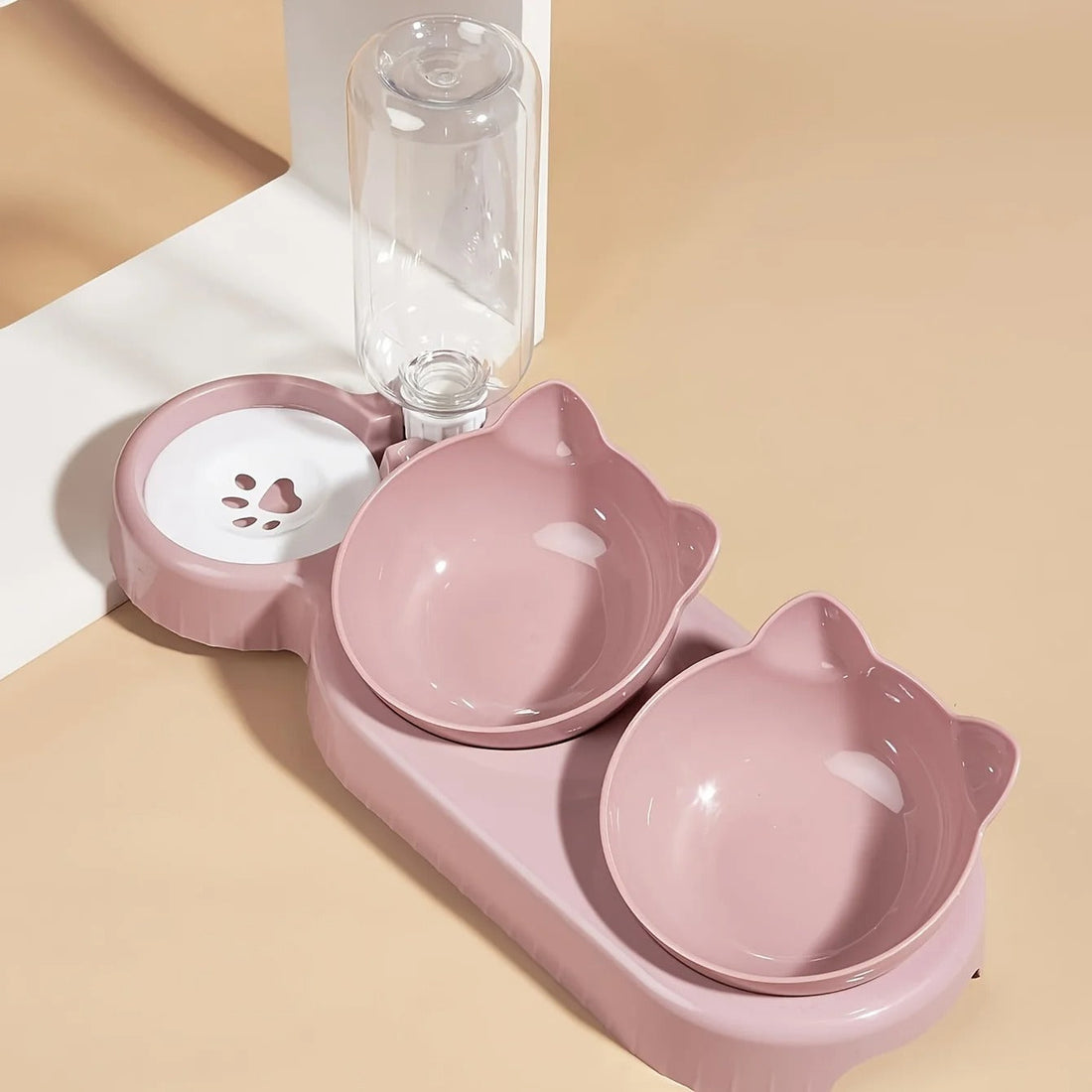 3 In 1 Ear Design Tilted Cat Water And Food Bowl Set With Gravity
